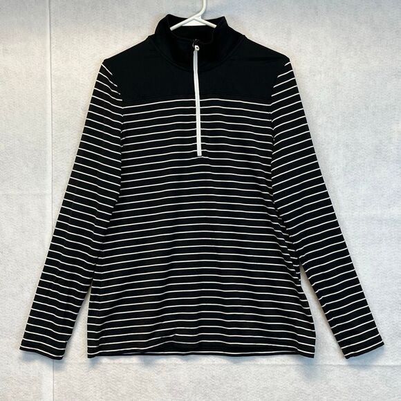 FOOTJOY Women’s 1/4 Zip Pullover Large Black White Stripes Stretch Mock Neck - Picture 1 of 12